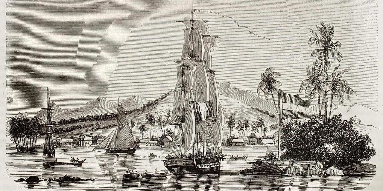 Widok na Zatokę Papeete, wyspa Tahiti. Ilustracja opublikowana w Magasin Pittoresque, Paryż, 1843 r.