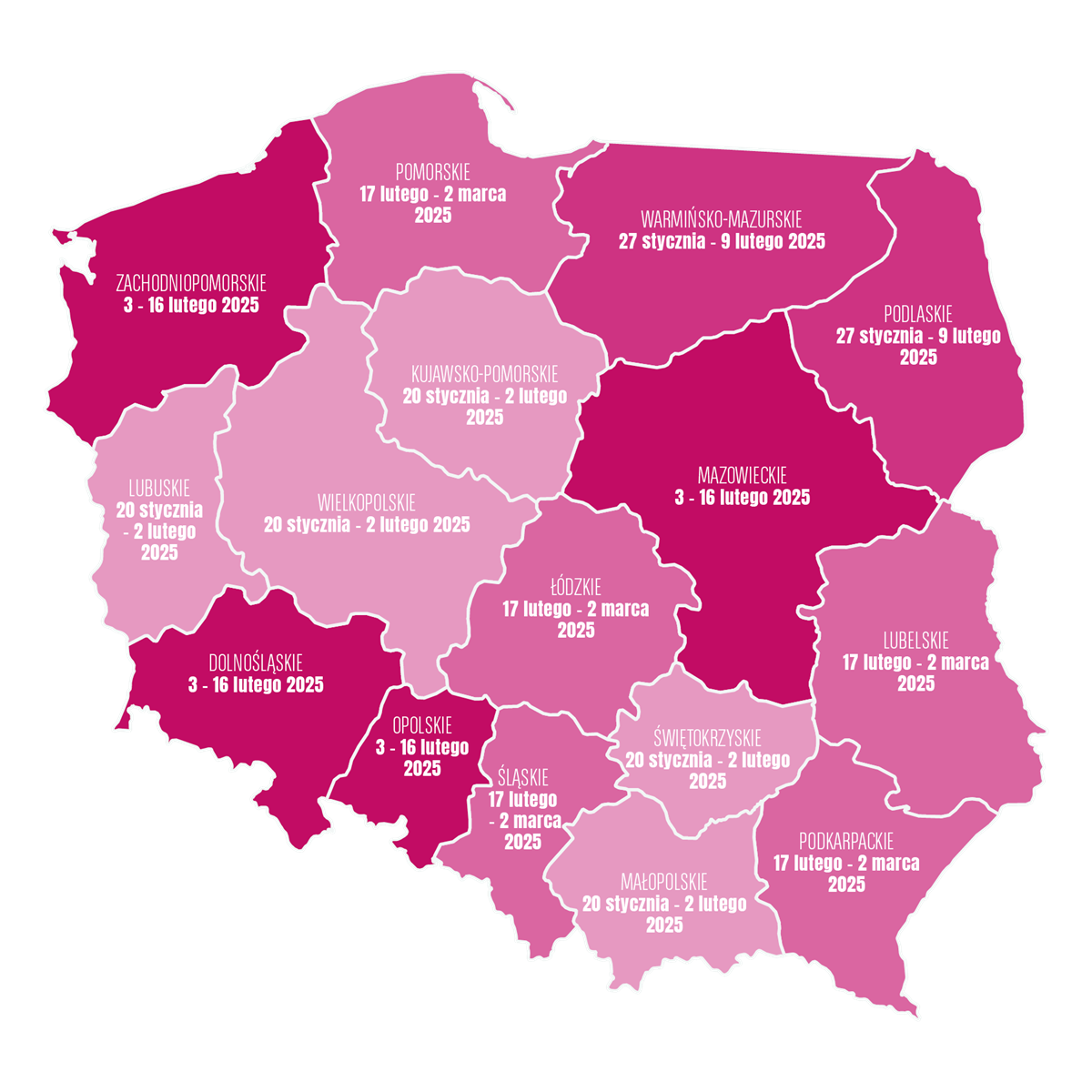 Mapa ferii zimowych 2025 z podziałem na województwa Mapa ferii zimowych 2025 z podziałem na województwa