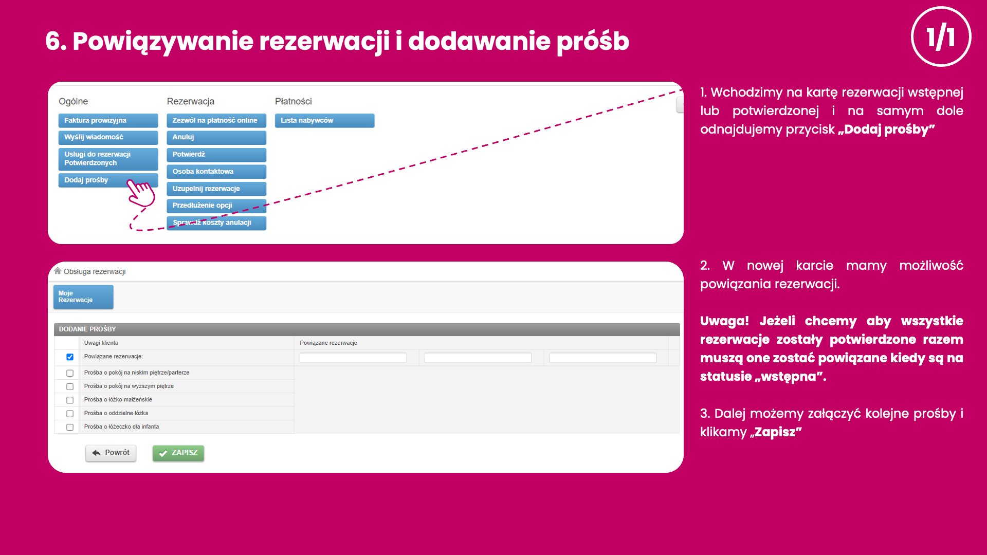 Powiązywanie rezerwacji i dodawanie próśb