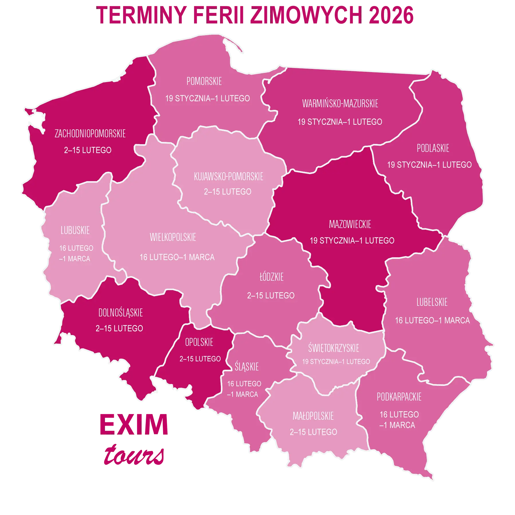 Mapa ferii zimowych 2026 z podziałem na województwa