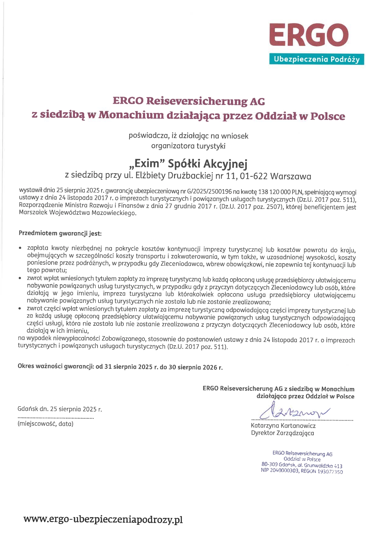 Skan gwarancji ubezpieczeniowej EXIM tours 2025–2026 – ERGO Reiseversicherung AG